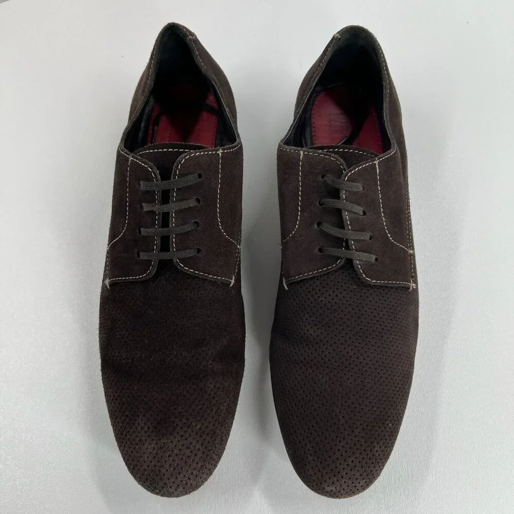 Bugatchi Suede Perforated Derby Dress Shoes Mens 10 Lace Up Casual Leather Brown